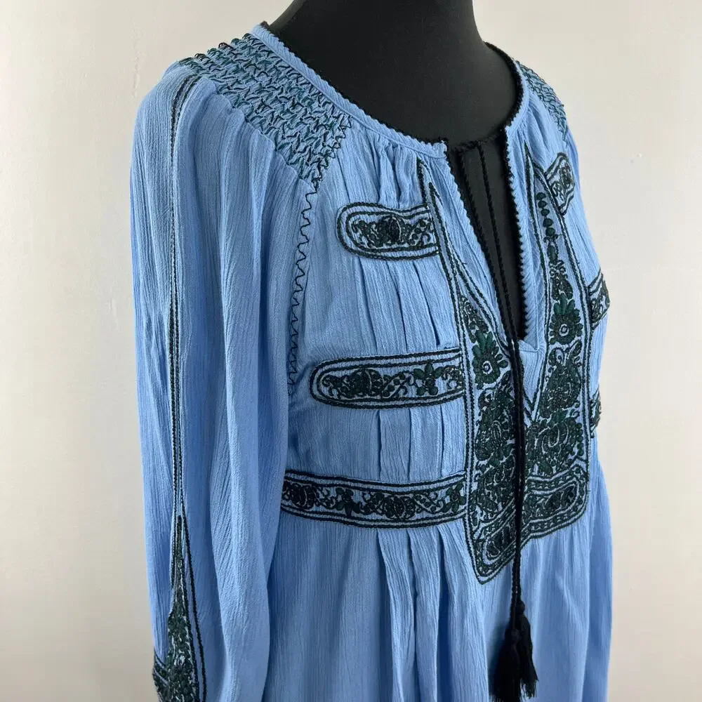 FREE PEOPLE Wind Willow Womens River Skies Blue Embroidered Boho Mini Dress XS